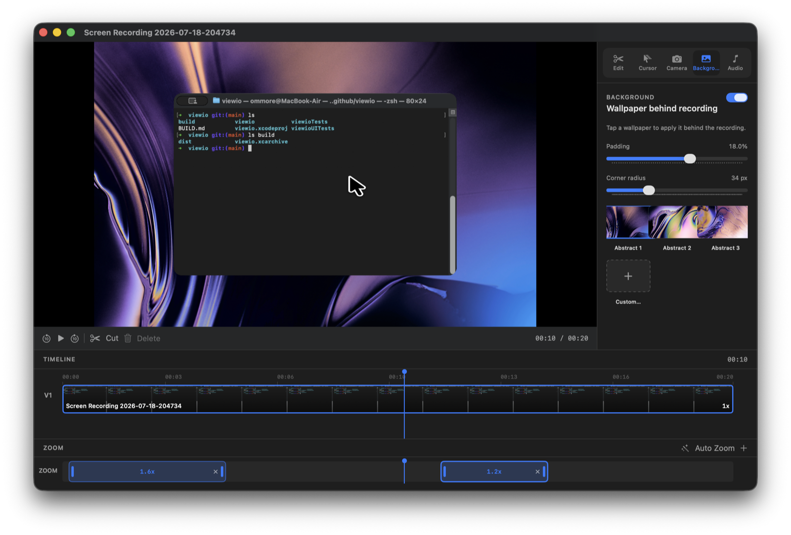 viewio editor showing timeline, zoom ranges, and background wallpaper controls